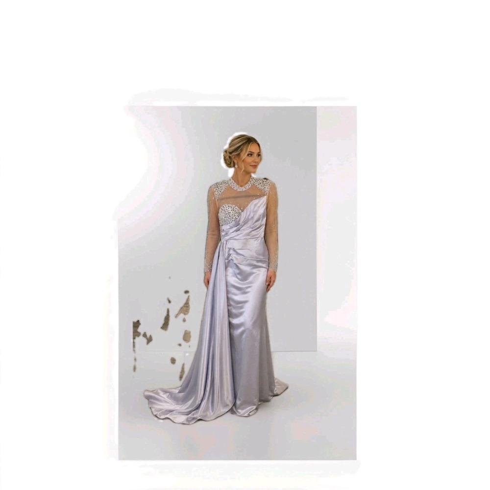 Silver Satin Rhinestone Embellished Long Sleeve Corset Back Formal Gown Size 2